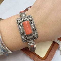 Mongolian Bracelet Vintage Red Inlay Square Ethnic Silver Chain Bracelet Gift 07FC0E-D4 - KOEEK [1]