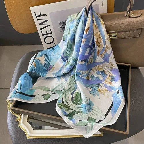 Mulberry Silk 26'' Scarf Vintage Blue Flower Scarf Neck Hairband Bandana 07FC0E-D4 - KOEEK [1]