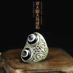 Nepal Tibetan Double Eye Dzi Agate Adjustable Ring Unisex Open Band Jewelry 07FC0E-D4 - KOEEK [1]