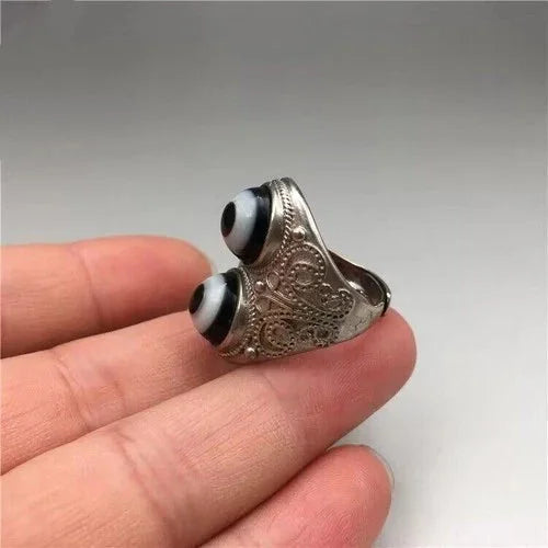 Nepal Tibetan Double Eye Dzi Agate Adjustable Ring Unisex Open Band Jewelry 07FC0E-D4 - KOEEK [3]