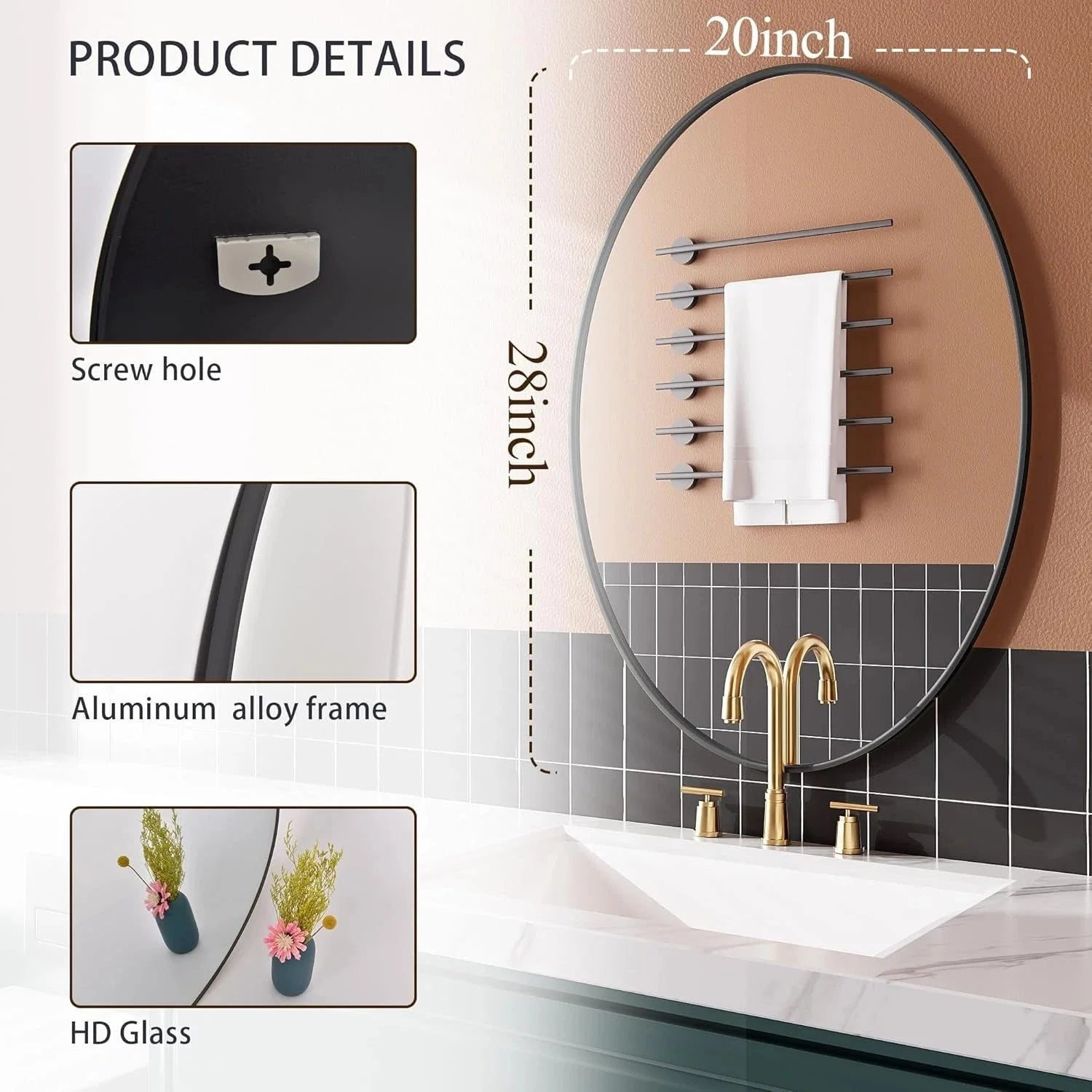 Oval Mirror,20x28 Small Bathroom Mirror,Bathroom Mirror,BlackMirror for Bathroom 07FC0E-D4 - KOEEK [2]
