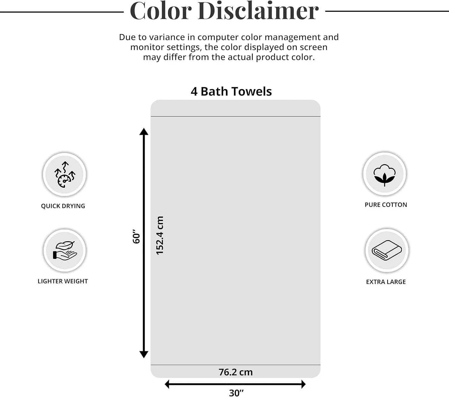 Pack of 4 Extra Large Bath Towels 30 x 60 Inches,  Cotton, Larger & Lighter 07FC0E-D4 - KOEEK [6]