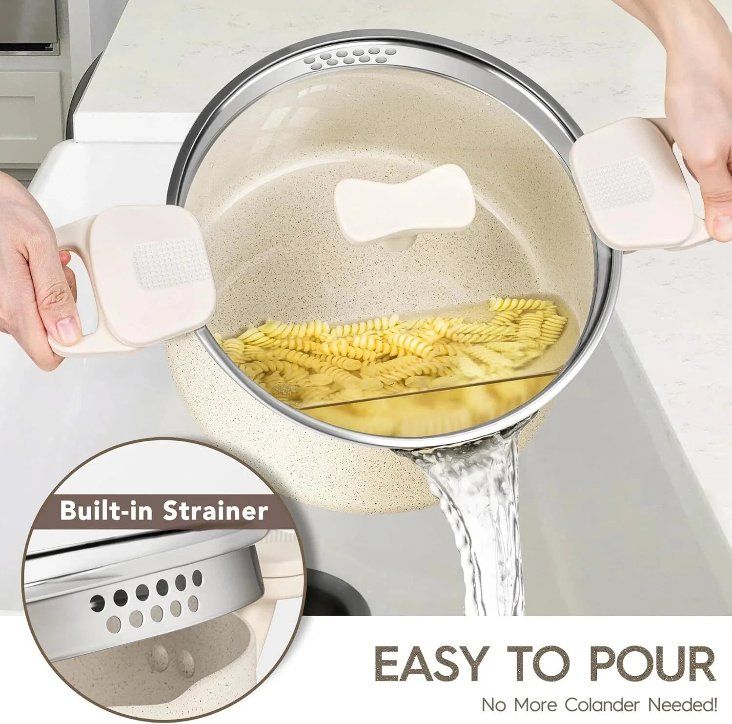 Pasta Pot with Strainer Lid, 6-Quart All-Purpose Pot with Twist Lock Handles 07FC0E-D4 - KOEEK [3]