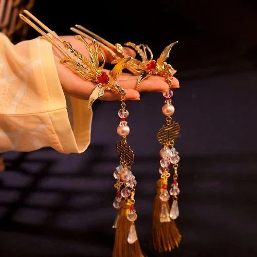 Phoenix Tassel Hairpin Chinese Hanfu Cheongsam Handmade Hair Accessory 2pc 07FC0E-D4 - KOEEK [1]