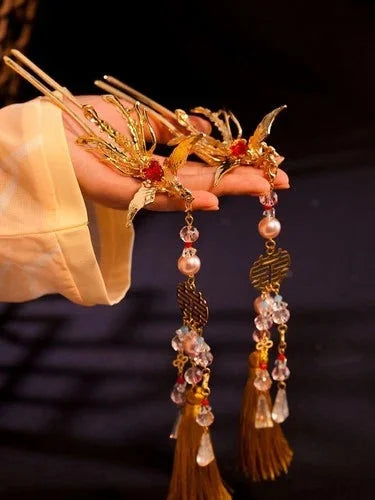 Phoenix Tassel Hairpin Chinese Hanfu Cheongsam Handmade Hair Accessory 2pc 07FC0E-D4 - KOEEK [5]