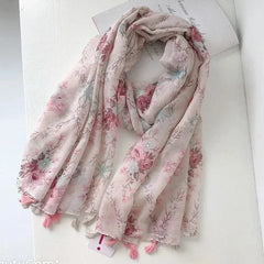 Pink Floral Tassel Cotton Linen Scarf Beach Shawl Wrap Sunscreen for Women 07FC0E-D4 - KOEEK [1]