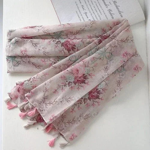 Pink Floral Tassel Cotton Linen Scarf Beach Shawl Wrap Sunscreen for Women 07FC0E-D4 - KOEEK [2]