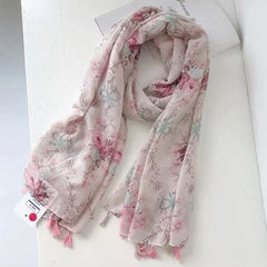 Pink Floral Tassel Cotton Linen Scarf Beach Shawl Wrap Sunscreen for Women 07FC0E-D4 - KOEEK [3]