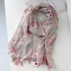 Pink Floral Tassel Cotton Linen Scarf Beach Shawl Wrap Sunscreen for Women 07FC0E-D4 - KOEEK [4]