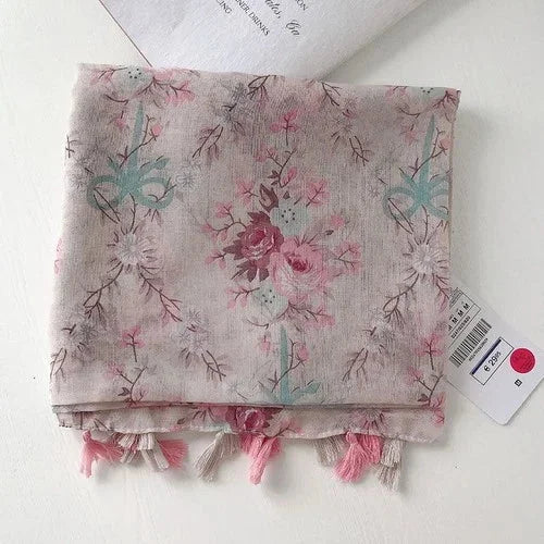 Pink Floral Tassel Cotton Linen Scarf Beach Shawl Wrap Sunscreen for Women 07FC0E-D4 - KOEEK [7]