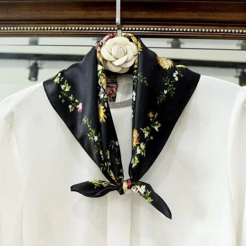 Pure Silk 21" Small Square Scarf Women Neckerchief Black White Flower Wrap 07FC0E-D4 - KOEEK [9]