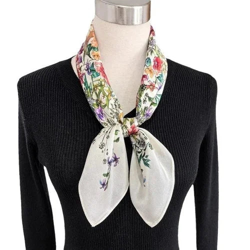Pure Silk Square Scarf Women Neckerchief Wrap Kerchief Black White Flowers 07FC0E-D4 - KOEEK [3]
