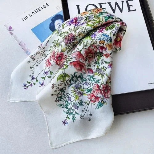 Pure Silk Square Scarf Women Neckerchief Wrap Kerchief Black White Flowers 07FC0E-D4 - KOEEK [4]