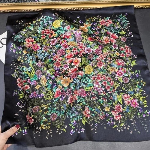Pure Silk Square Scarf Women Neckerchief Wrap Kerchief Black White Flowers 07FC0E-D4 - KOEEK [7]