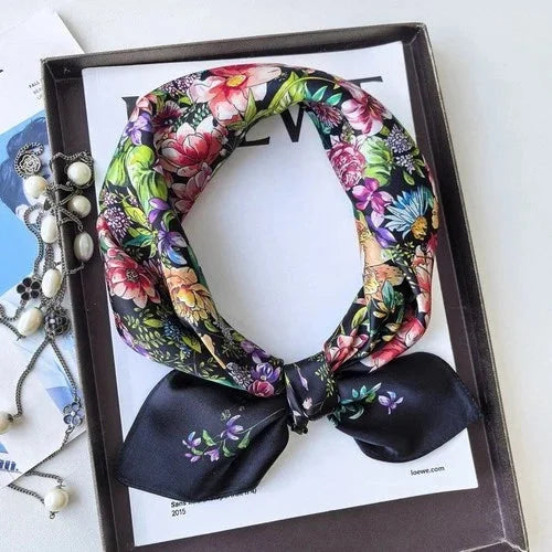 Pure Silk Square Scarf Women Neckerchief Wrap Kerchief Black White Flowers 07FC0E-D4 - KOEEK [8]
