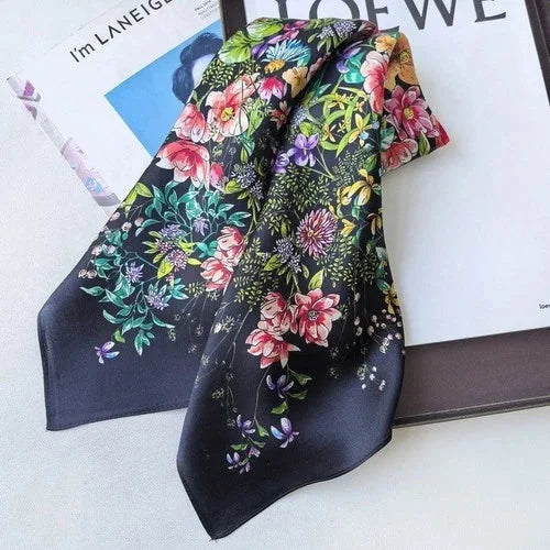 Pure Silk Square Scarf Women Neckerchief Wrap Kerchief Black White Flowers 07FC0E-D4 - KOEEK [9]