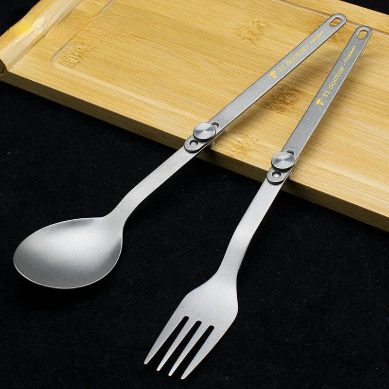 Pure Titanium Cutlery Spoon Fork Folding Outdoor Camping Home Foldable Picnic 07FC0E-D4 - KOEEK [2]