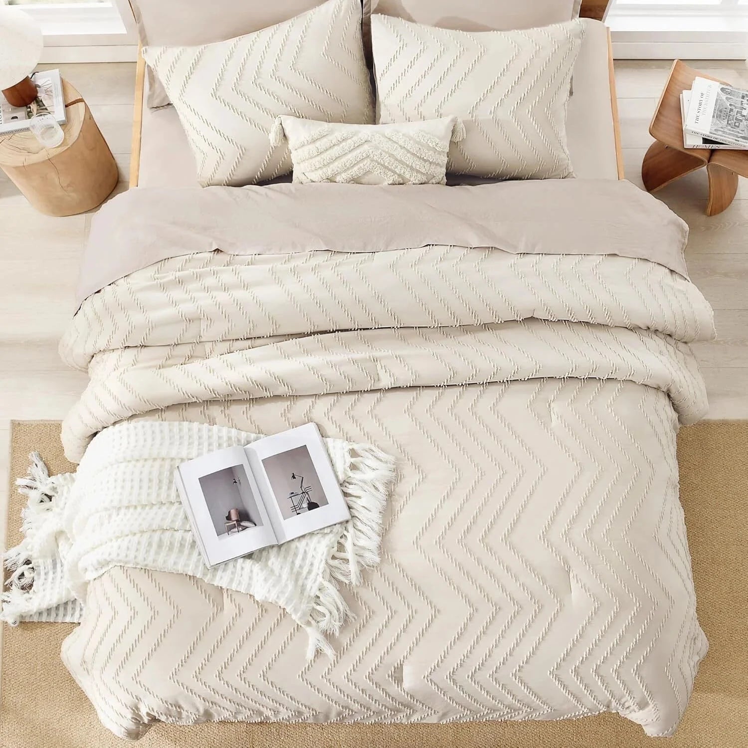 Queen Beige Duvet Cover, 3-Piece Lightweight Chevron Tufted Bedding Set 07FC0E-D4 - KOEEK [4]