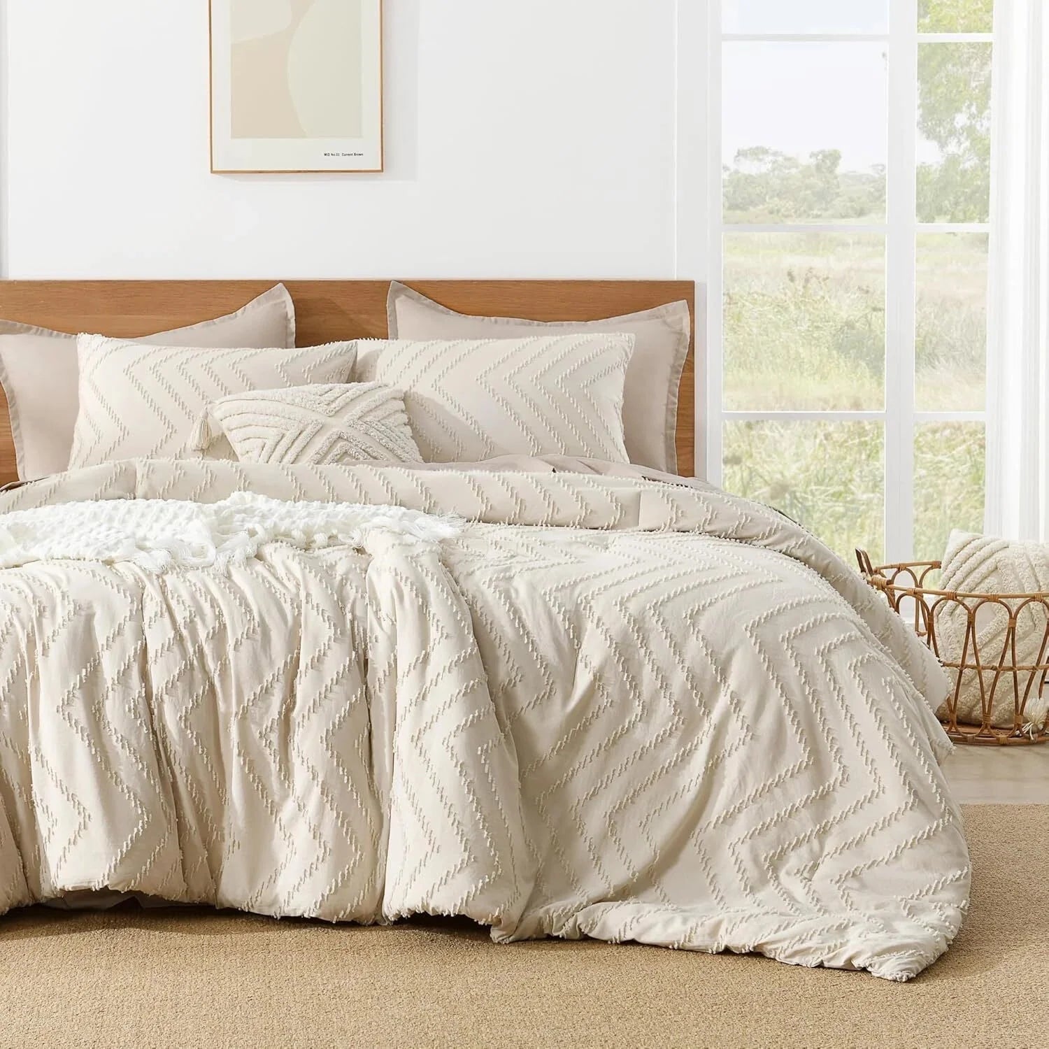 Queen Beige Duvet Cover, 3-Piece Lightweight Chevron Tufted Bedding Set 07FC0E-D4 - KOEEK [6]