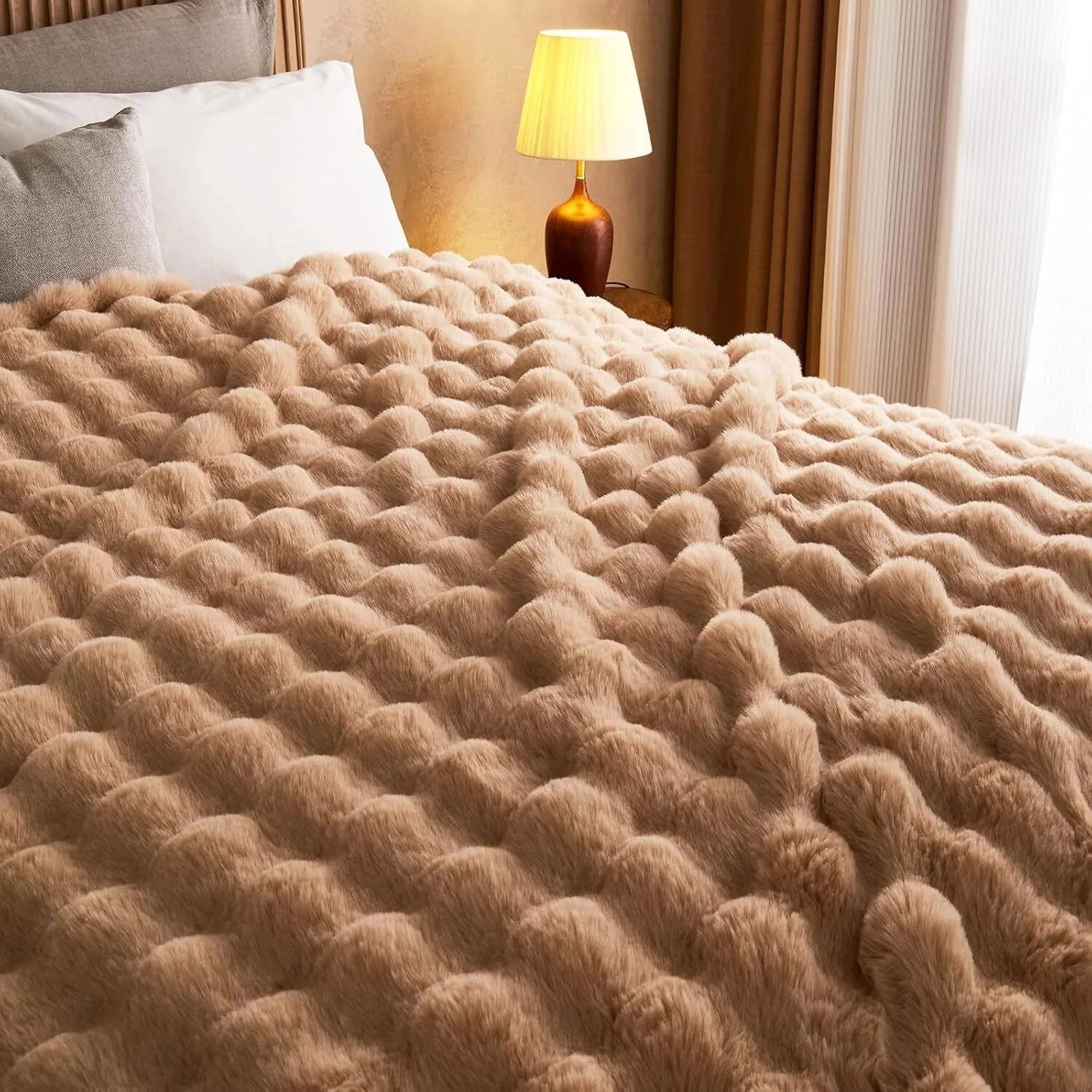 Queen Size Faux Fur Blanket Khaki - Big Bubble Rabbit Fluff Blanket for Bed 07FC0E-D4 - KOEEK [4]
