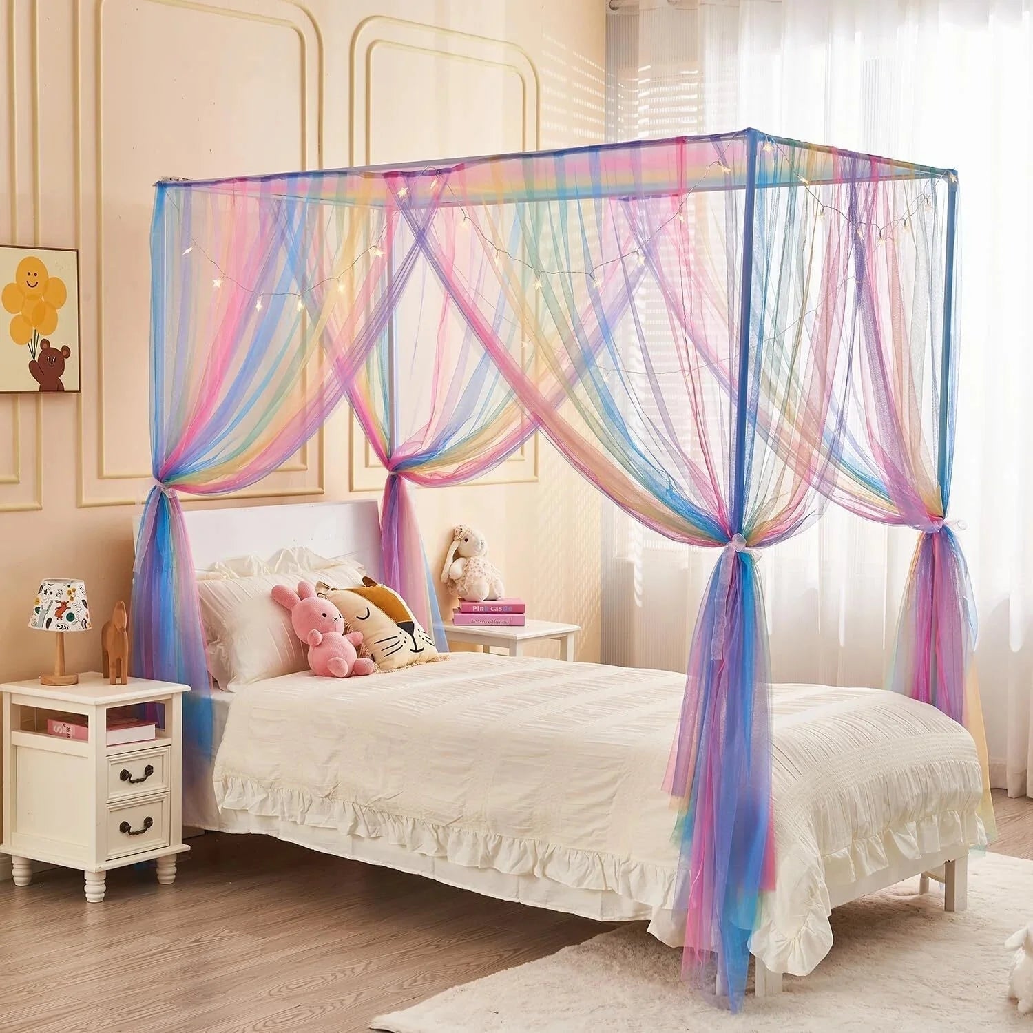 Rainbow Bed Canopy for Girls Kids with Light, 4 Corner Post Princess Canopy Bed 07FC0E-D4 - KOEEK [3]