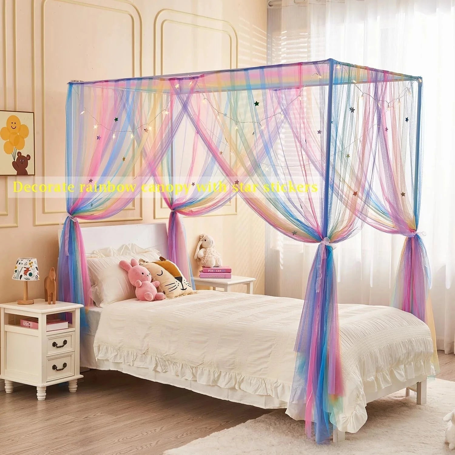 Rainbow Bed Canopy for Girls Kids with Light, 4 Corner Post Princess Canopy Bed 07FC0E-D4 - KOEEK [7]
