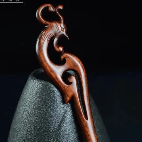 Rosewood Carved Dragon Phoenix Hair Stick Chinese Style Handmade Hairpin 2pc 07FC0E-D4 - KOEEK [4]