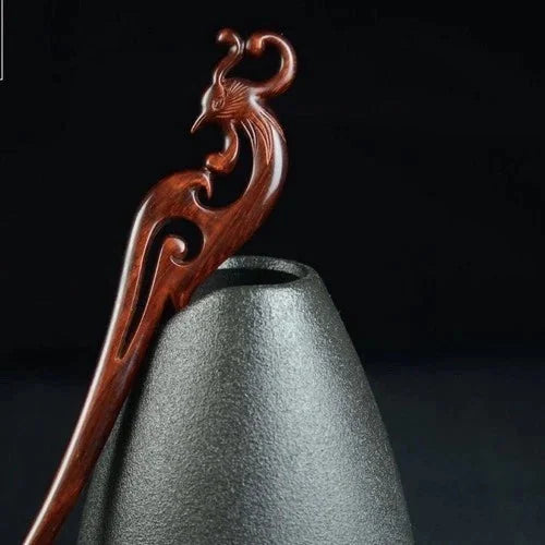 Rosewood Carved Dragon Phoenix Hair Stick Chinese Style Handmade Hairpin 2pc 07FC0E-D4 - KOEEK [5]