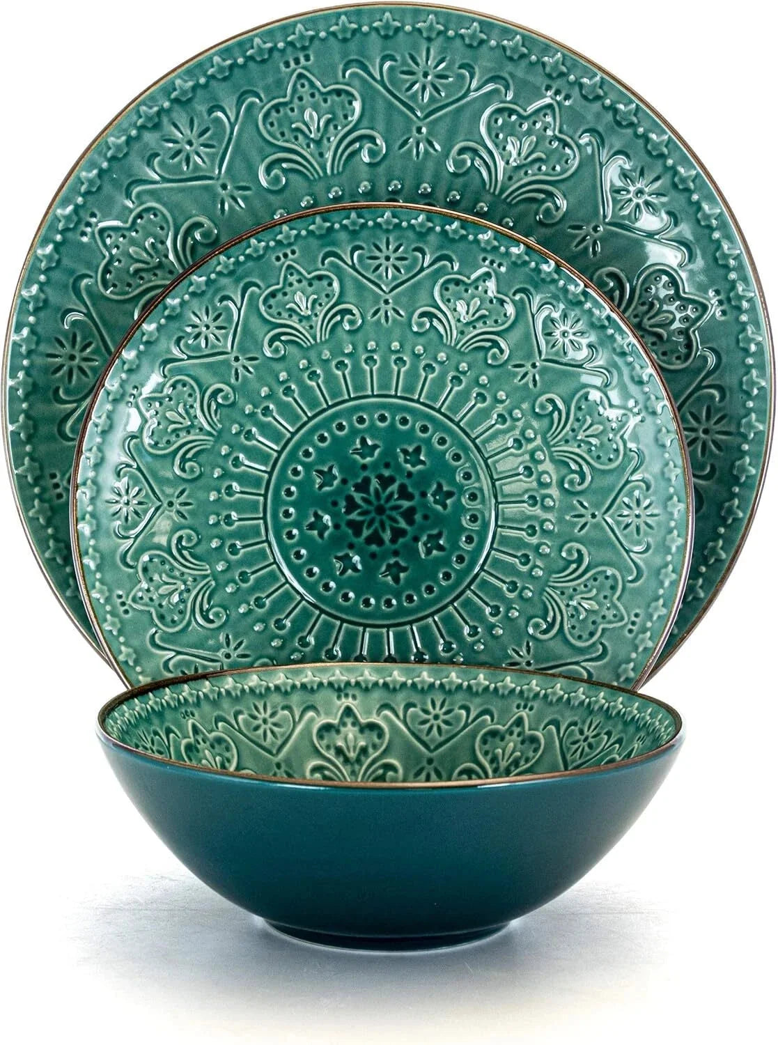 Round Stoare Cameo Dinnerware Set, 16 Piece, Ocean Teal and Green 07FC0E-D4 - KOEEK [2]