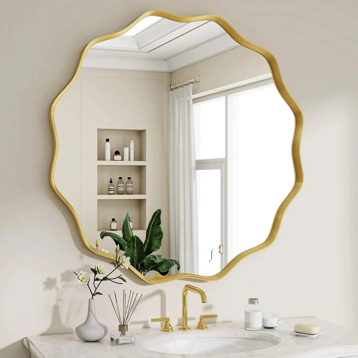 Round Wavy Mirror, 24 Inch Metal Frame Circle Mirror, Round Wall Mounted 07FC0E-D4 - KOEEK [1]