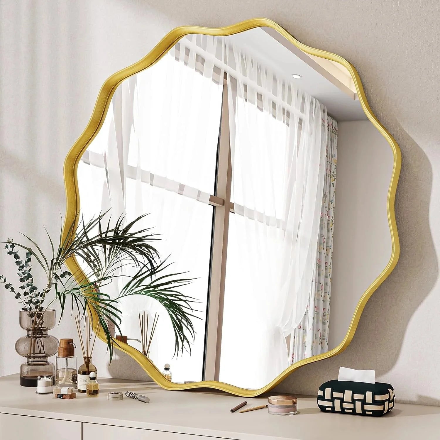 Round Wavy Mirror, 24 Inch Metal Frame Circle Mirror, Round Wall Mounted 07FC0E-D4 - KOEEK [5]