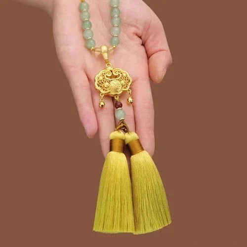 Safety Lock Car Pendant Gold Plated Jade Bead Tassel Bag/Car Hanging Ornament 07FC0E-D4 - KOEEK [2]