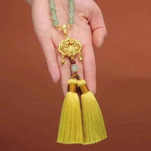 Safety Lock Car Pendant Gold Plated Jade Bead Tassel Bag/Car Hanging Ornament 07FC0E-D4 - KOEEK [3]