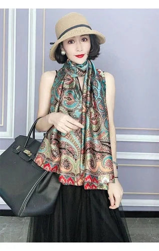 Satin Long Scarf Sun Protection Wrap Shawl Beach Cover Ethnic Style Qipao Scarf 07FC0E-D4 - KOEEK [10]