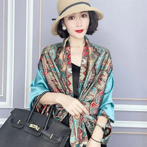 Satin Long Scarf Sun Protection Wrap Shawl Beach Cover Ethnic Style Qipao Scarf 07FC0E-D4 - KOEEK [4]