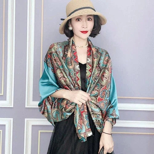 Satin Long Scarf Sun Protection Wrap Shawl Beach Cover Ethnic Style Qipao Scarf 07FC0E-D4 - KOEEK [5]