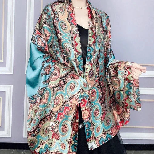 Satin Long Scarf Sun Protection Wrap Shawl Beach Cover Ethnic Style Qipao Scarf 07FC0E-D4 - KOEEK [6]