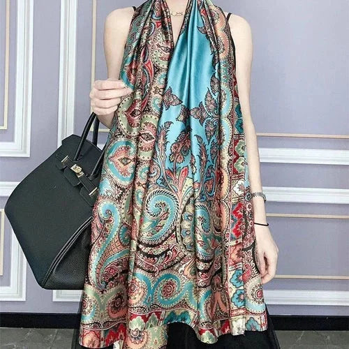 Satin Long Scarf Sun Protection Wrap Shawl Beach Cover Ethnic Style Qipao Scarf 07FC0E-D4 - KOEEK [8]