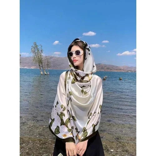 Satin Scarf 180x80CM Gardenia Print Shawl Lightweight Summer Wrap for Women 07FC0E-D4 - KOEEK [2]