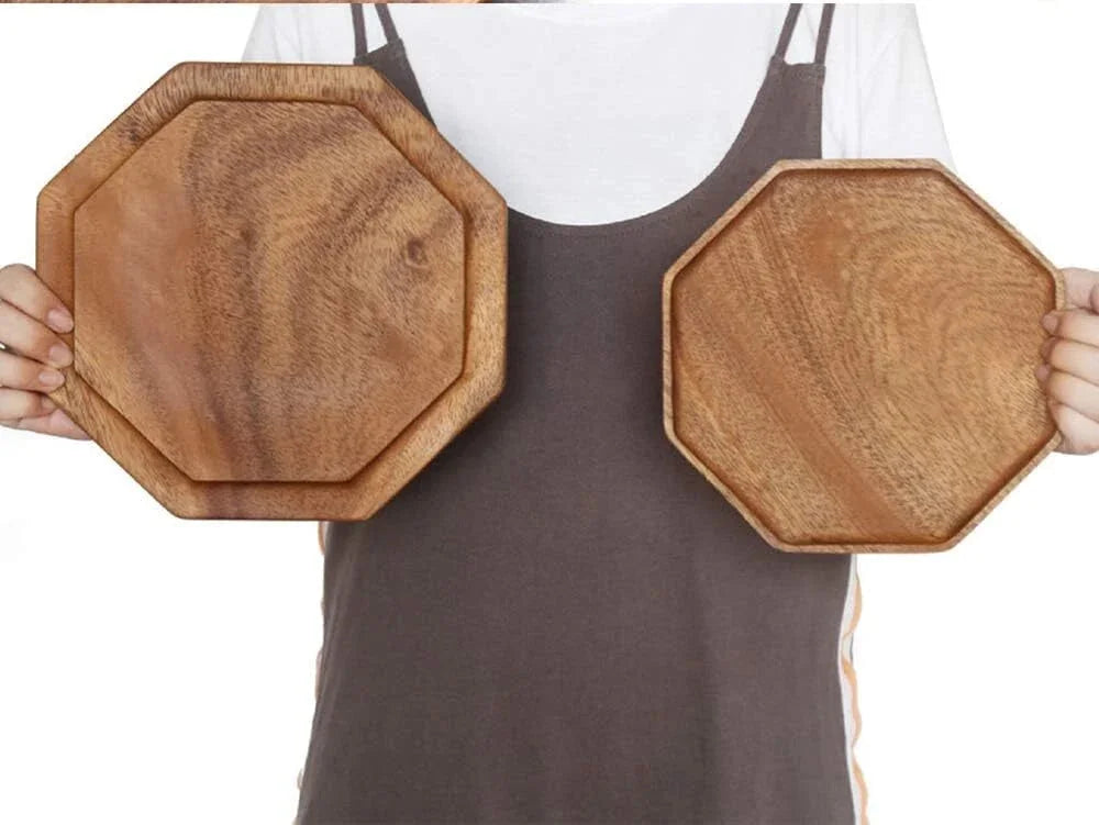 Set of 2 Acacia Wooden Trays Serving Platters Round Square Veggie Serving Tray 07FC0E-D4 - KOEEK [5]