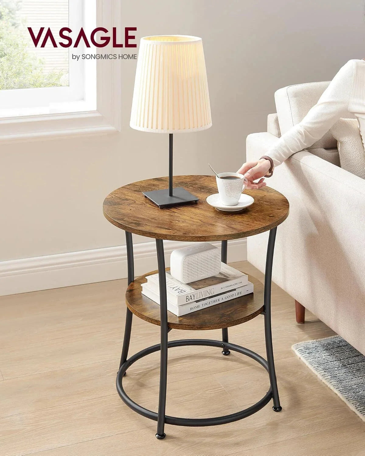 Side Table, Round Side Table with 2 Shelves, Rustic Brown and Ink Black 07FC0E-D4 - KOEEK [1]