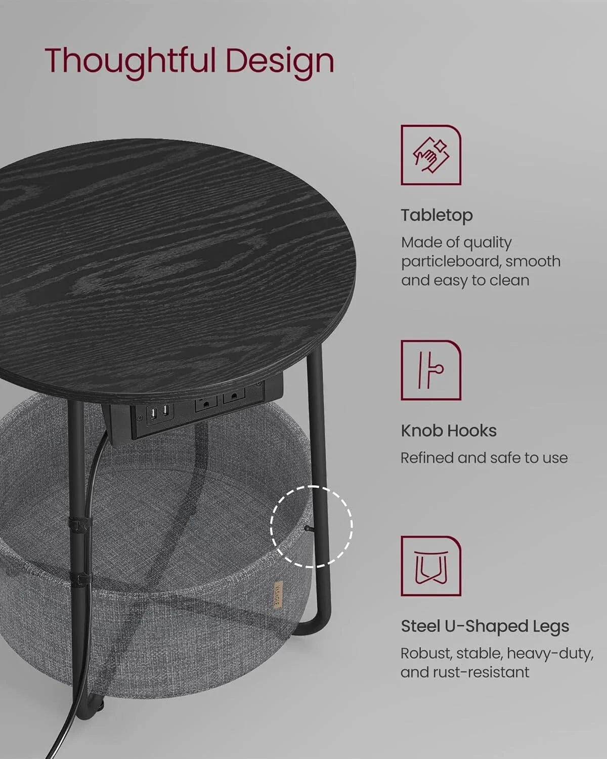 Side table with charging seat, round end table with fabric basket, slate gray 07FC0E-D4 - KOEEK [8]