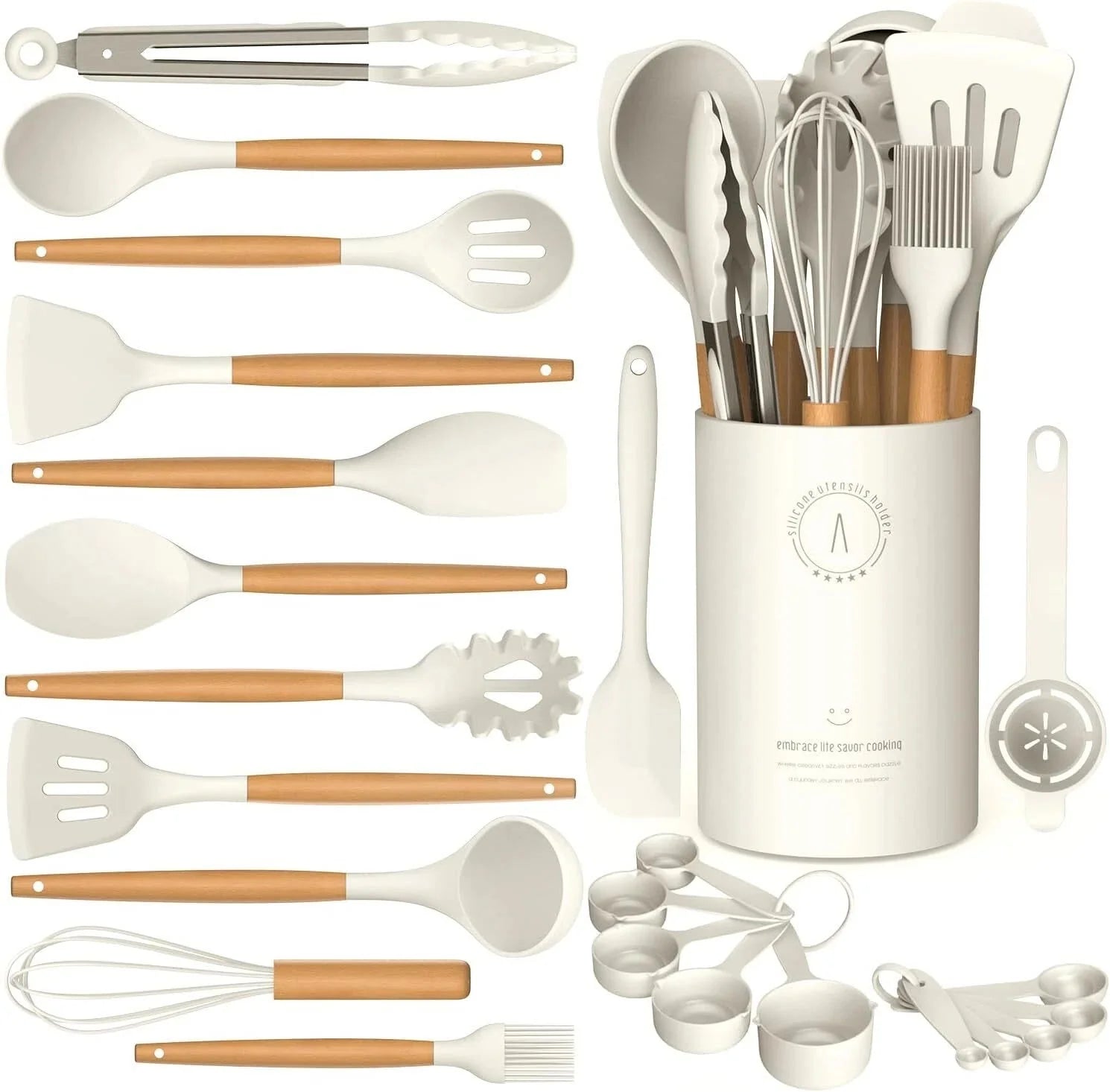 Silicone Cooking Utensils Set - Silicone Kitchen Utensils Cooking Wooden Handles 07FC0E-D4 - KOEEK [1]