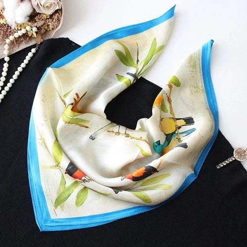 Silk 21" Square Scarf Women Kerchief Bandana Neckerchief Blue Beige Birds 07FC0E-D4 - KOEEK [2]
