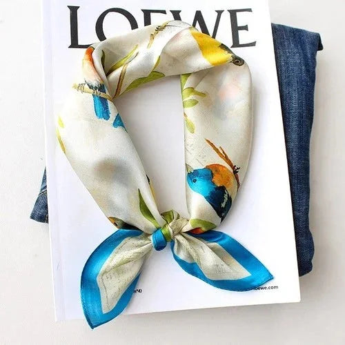 Silk 21" Square Scarf Women Kerchief Bandana Neckerchief Blue Beige Birds 07FC0E-D4 - KOEEK [5]