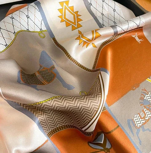 Silk Mulberry Scarf Orange grid Print Shawl 53X53cm Square Wrap Neckerchief 07FC0E-D4 - KOEEK [5]