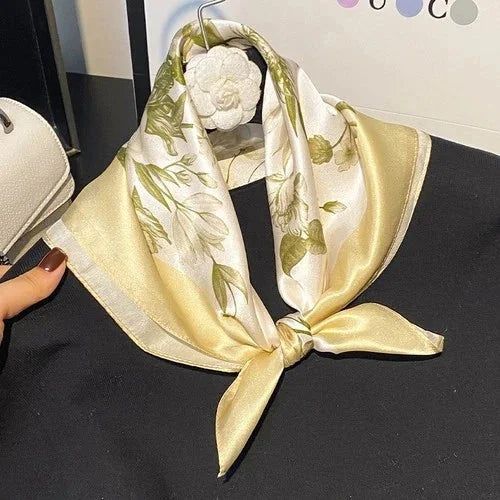 Silk Scarf Bandana Women Yellow Beige Flowers Neckerchief Turban 53*53cm 07FC0E-D4 - KOEEK [2]