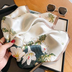 Silk Scarf Women Beige Green Flower Head Bandana Small Kerchief Turban 53cm 07FC0E-D4 - KOEEK [3]