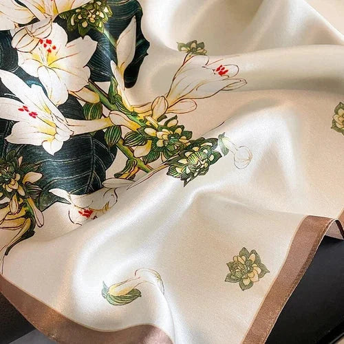 Silk Scarf Women Beige Green Flower Head Bandana Small Kerchief Turban 53cm 07FC0E-D4 - KOEEK [5]