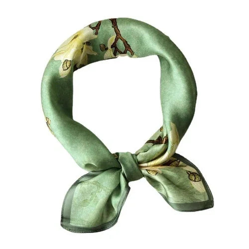 Silk Scarf Women Vintage Green Flowers Kerchief Square Bandana Wrap 68*68cm 07FC0E-D4 - KOEEK [10]